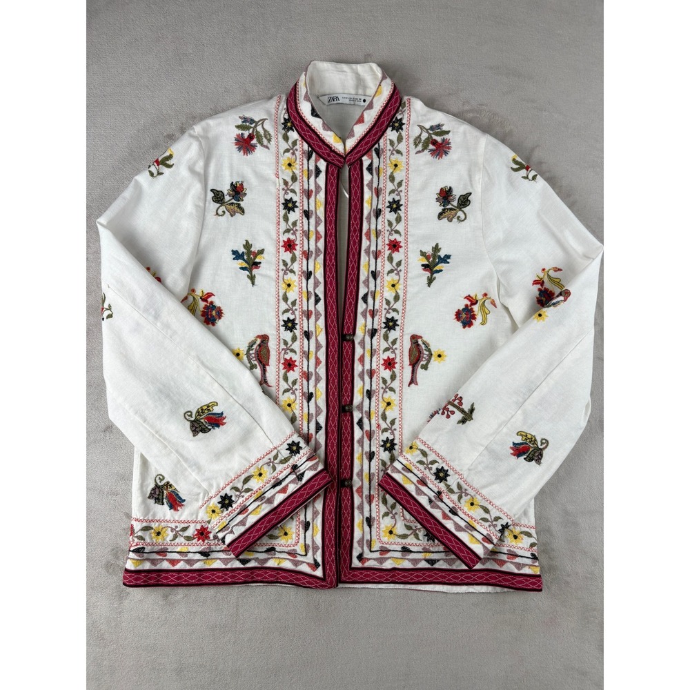 Zara Women White Embroidered Floral Bird Linen Blend Jacket Small Boho Folk